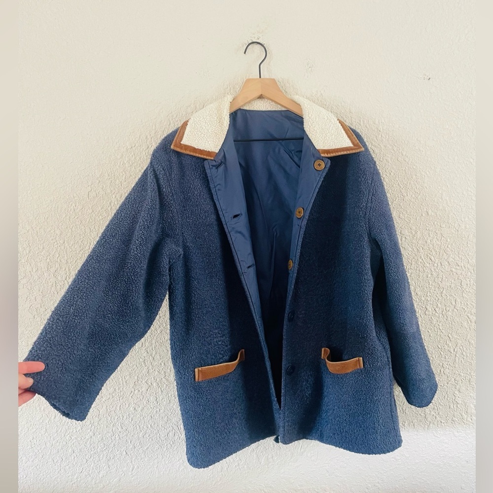 Vintage Navy Blue Sherpa Coat with Brown Trim